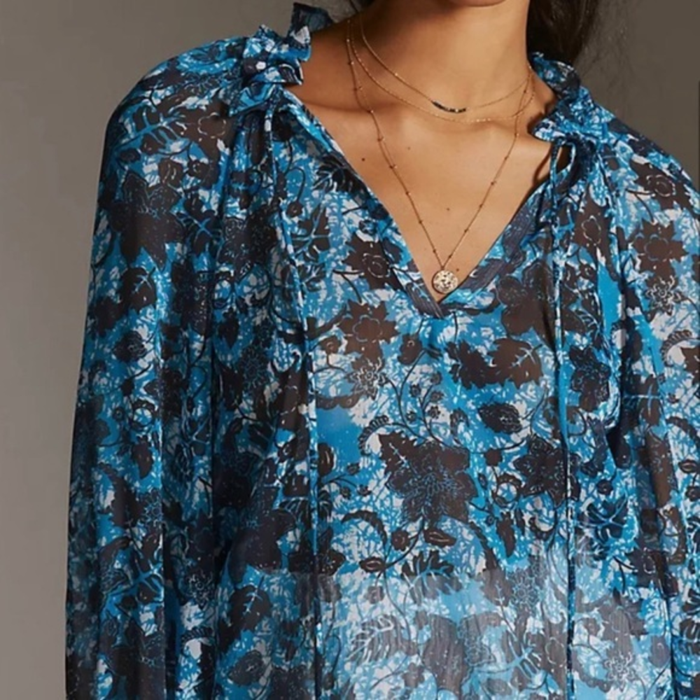 Anthropologie Sheer Printed Peasant Blouse Large